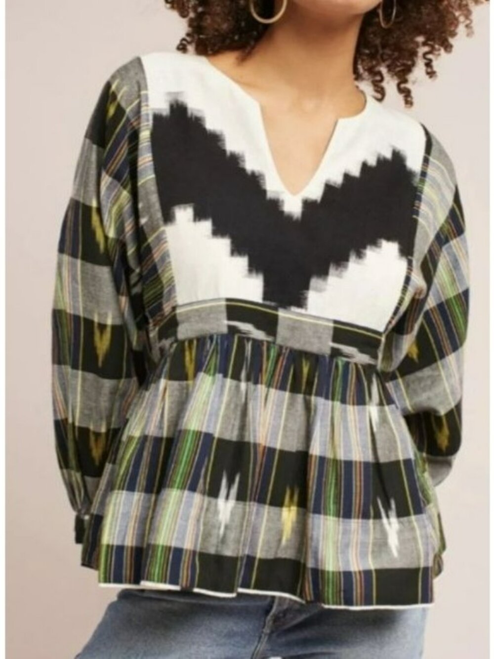 Norblack Norwhite Multicolor Ikat Cotton Long Sleeve Peplum Top Size Large Women